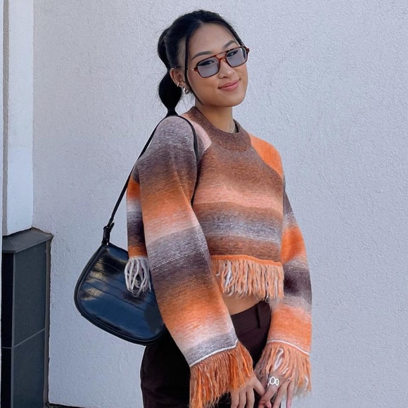 Zara Fringe Striped Cropped Sweater - New - Picture 6 of 16